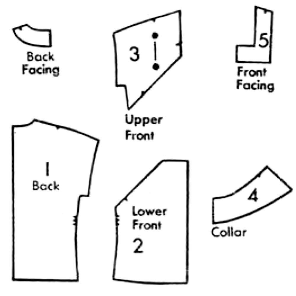 Line drawing of all pattern pieces included in "1950s Pattern, Crop Top, Blouse, Quick and Easy"