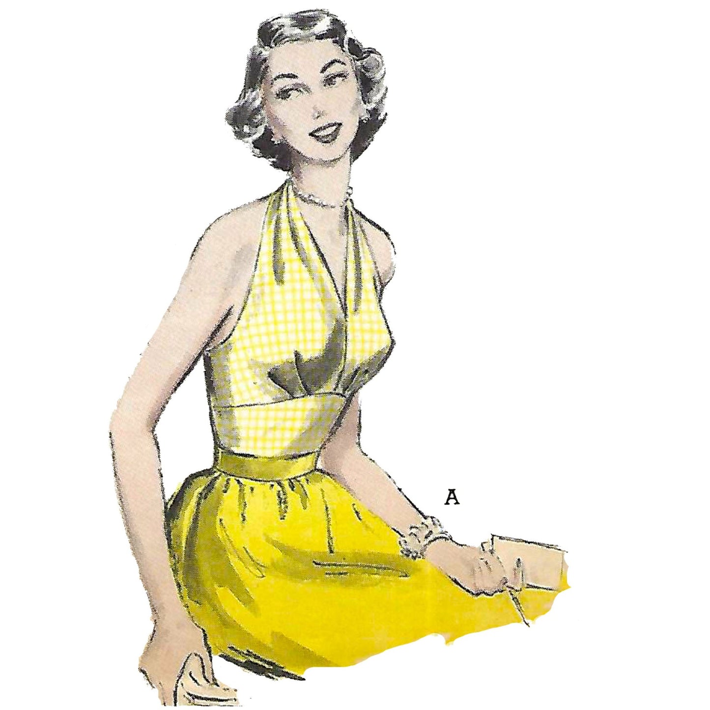 Model wearing 1950s halter-neck blouse made from Butterick 6136 pattern