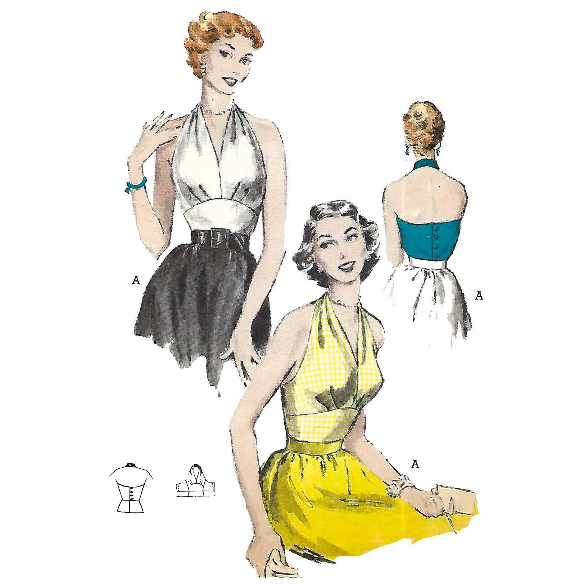 Model wearing 1950s halter-neck blouse made from Butterick 6136 pattern