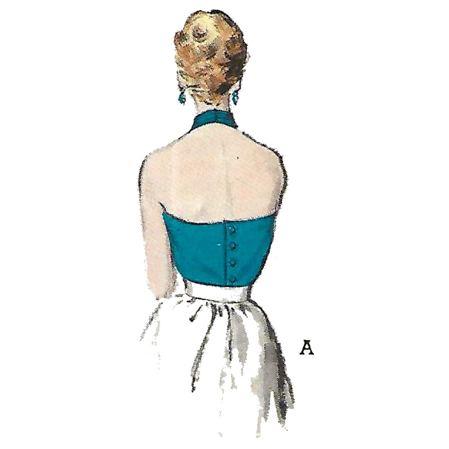 Model wearing 1950s halter-neck blouse made from Butterick 6136 pattern