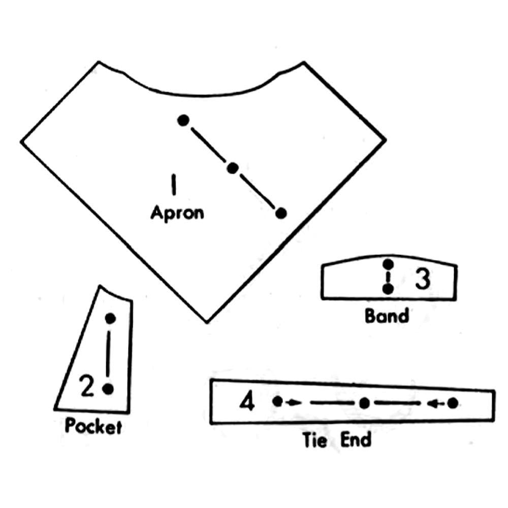 Line drawing of all pattern pieces included in "1950s Pattern, Quick and Easy Frilly Tea Apron"