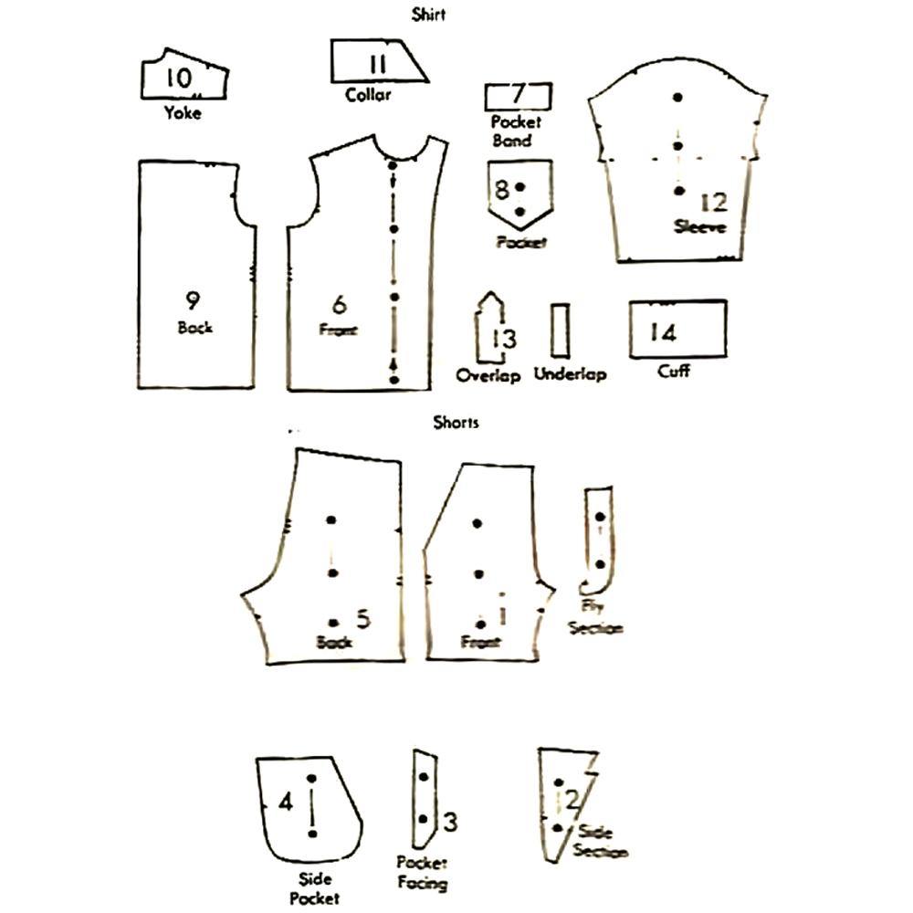 Line drawing of all pattern pieces included in "1950s Pattern, Men's Sport Shirt & Boxer Brief Pyjama Set"