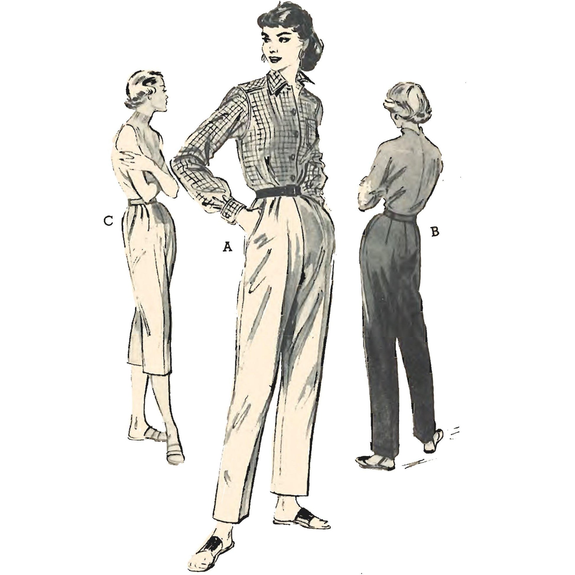 Three women. Left, side on view, wearing pedal pushers. Centre, front view, wearing cigarette pants. Right, back view, wearing cigarette pants. Made using Butterick 6592 sewing pattern