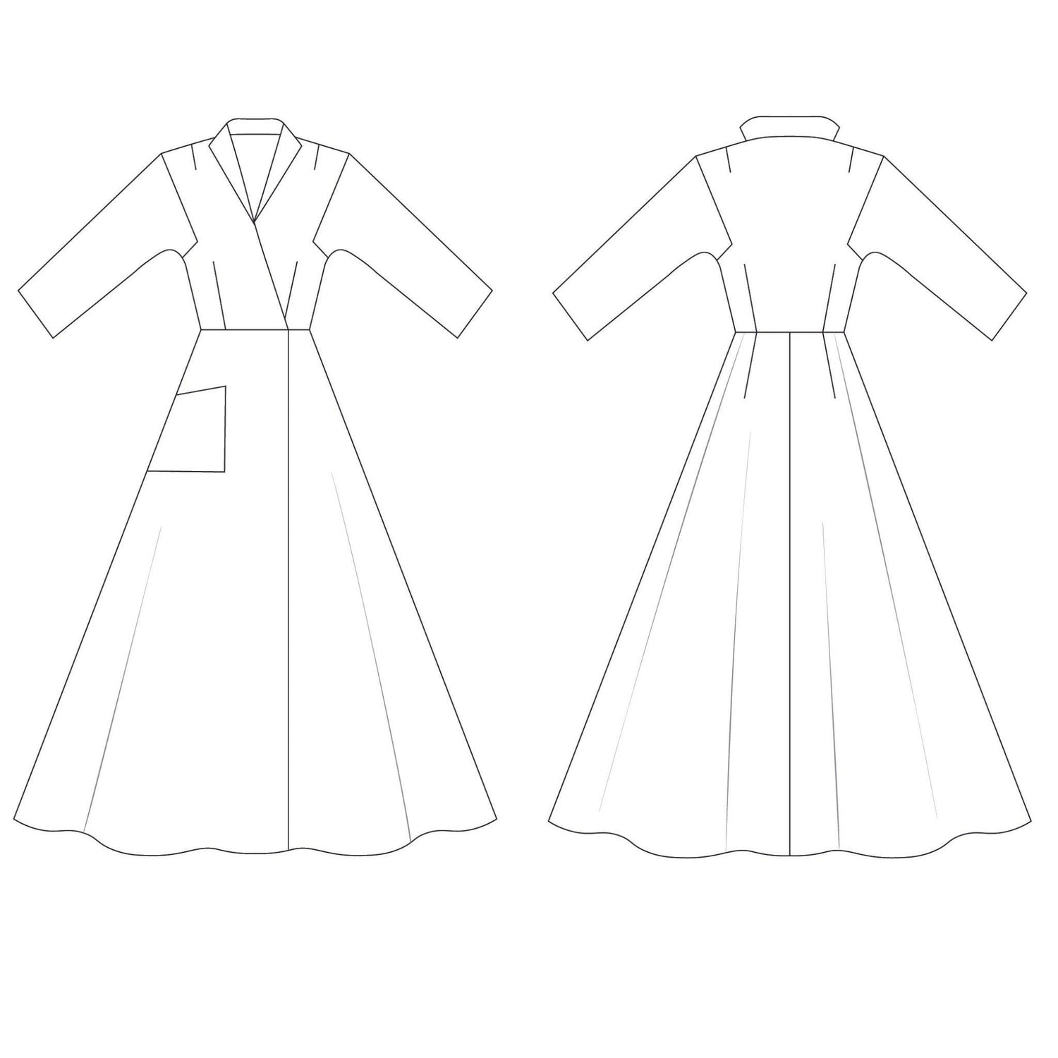 Line drawing of front and back views of 'Coachman Robe'