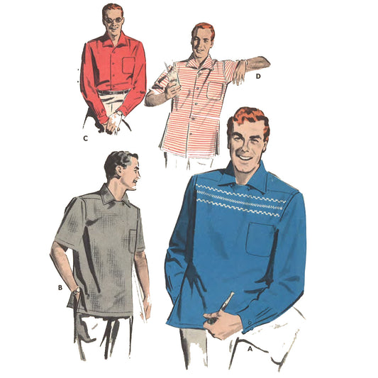 original illustration of 4 men wearing shirts in different varuations with both long and short sleeves, with abd without front button fastenings made using butterick 7673 sewing pattern. One man is holding a drink andother is holding a pipe.