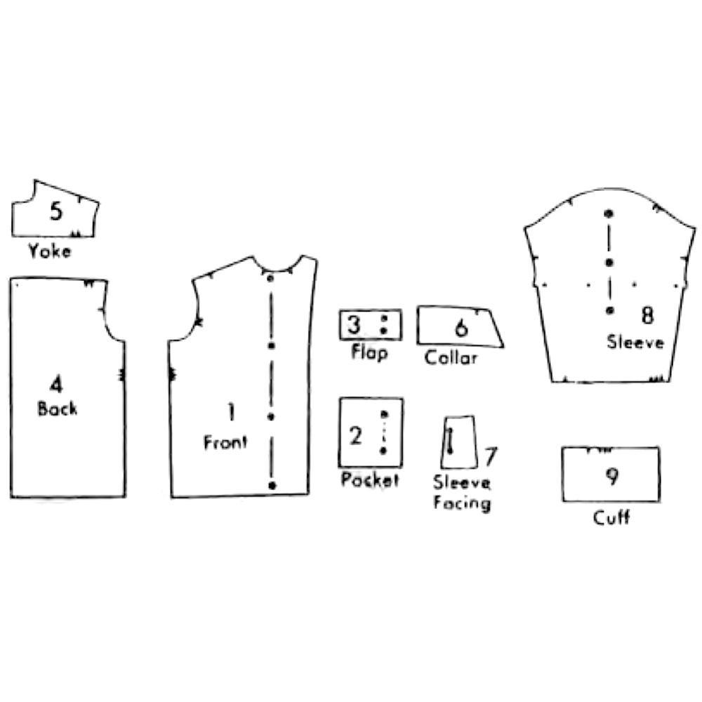 Line drawing of all pattern pieces included in "1950s Pattern, Men's Casual Sports Shirt"