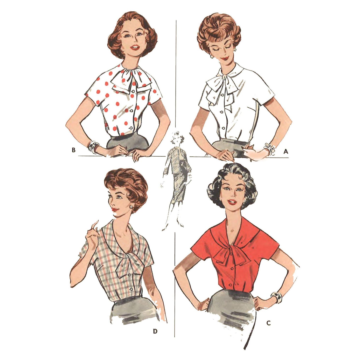 Women wearing blouses in 4 styles.
