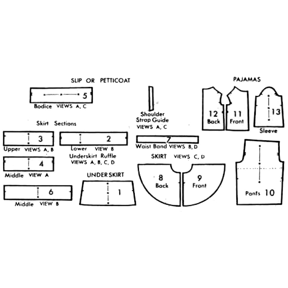 Line drawing of all pattern pieces included in "Vintage 1950s Pattern, Girl's Petticoat Slip & Pyjamas"