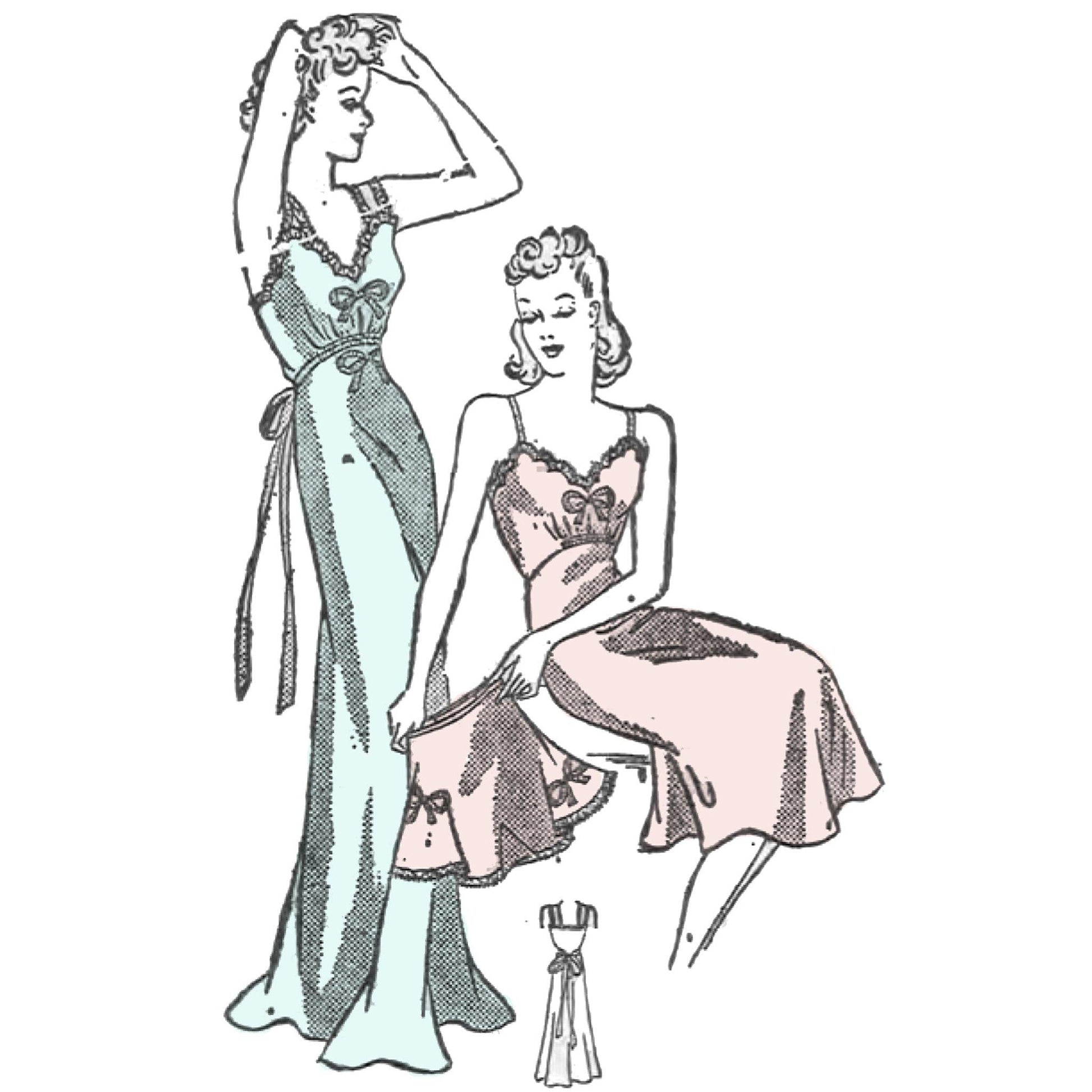 Two women wearing slip dresses. Left: woman standing in long blue dress. Right: Woman sitting in short pink dress.