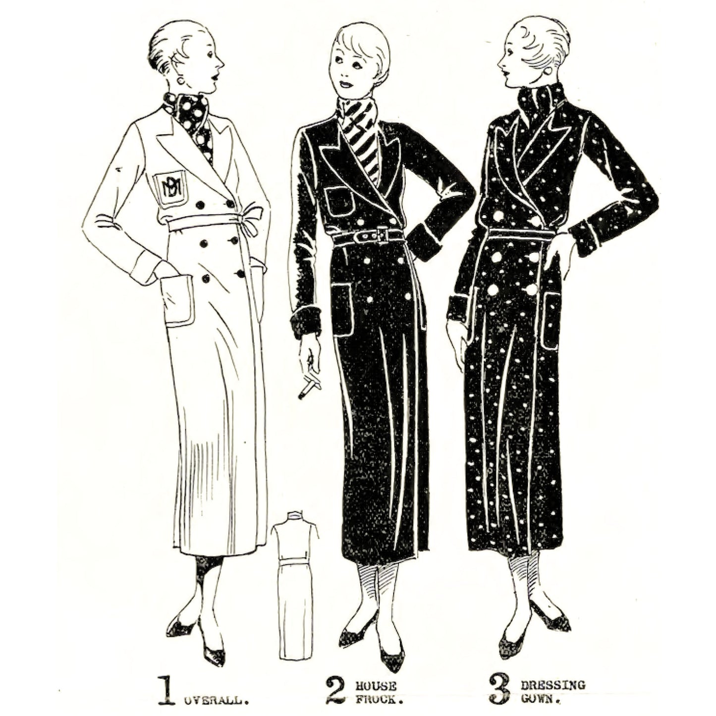 Women wearing overall, house frock and dressing gown.