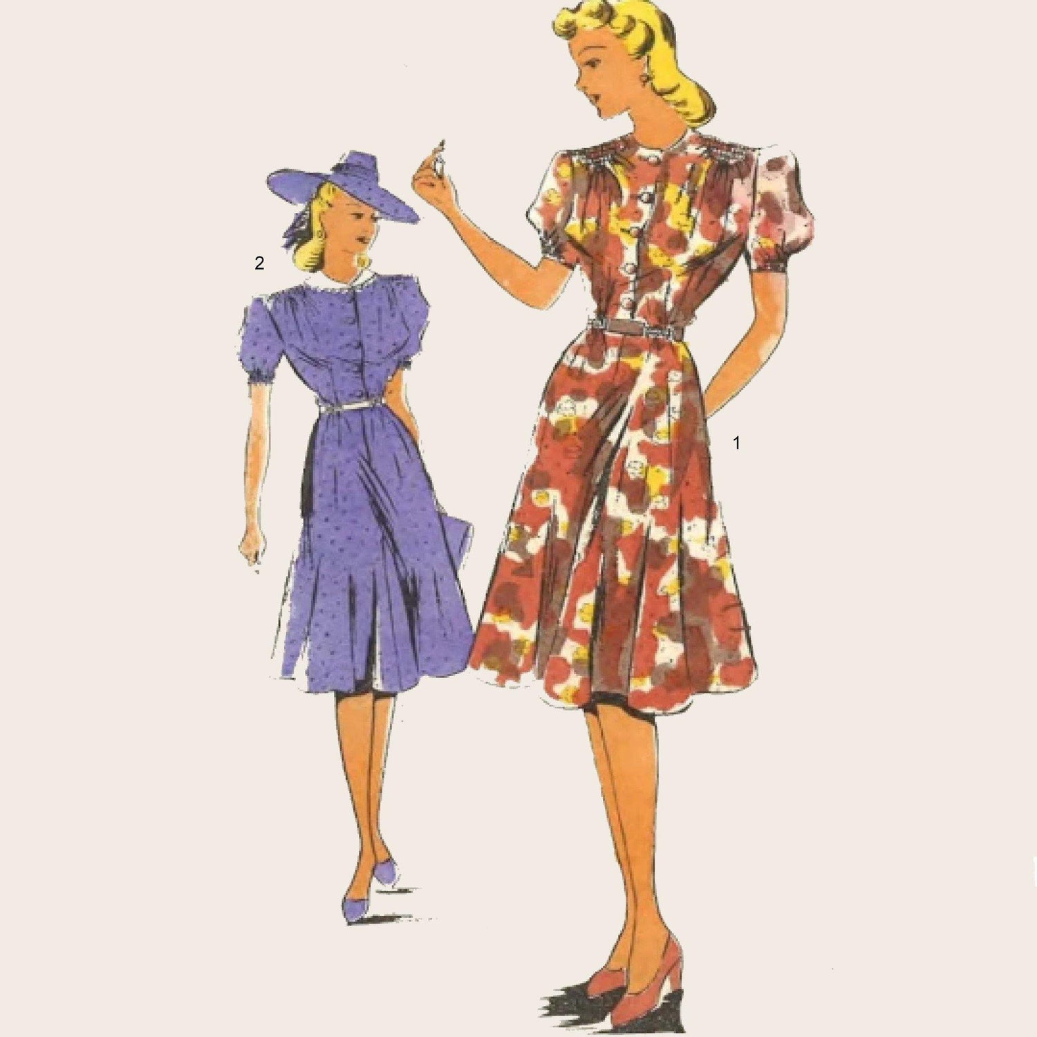 Two women wearing 1940s tea dress