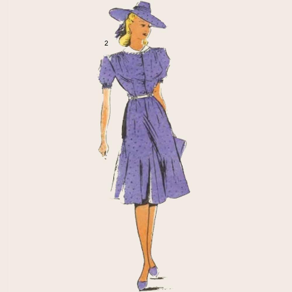 Women wearing purple 1940s tea dress