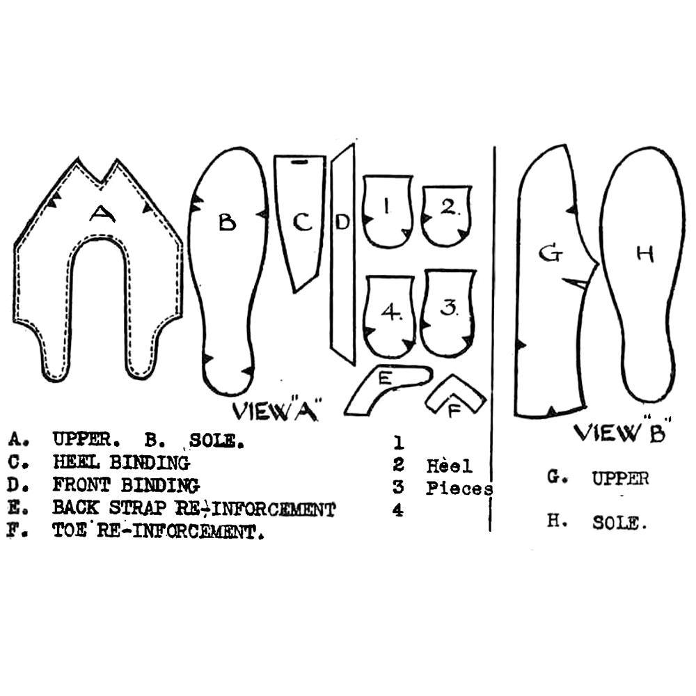 Line drawing of all pieces included in "1940s Pattern, Slippers & Open-Toe Shoes"