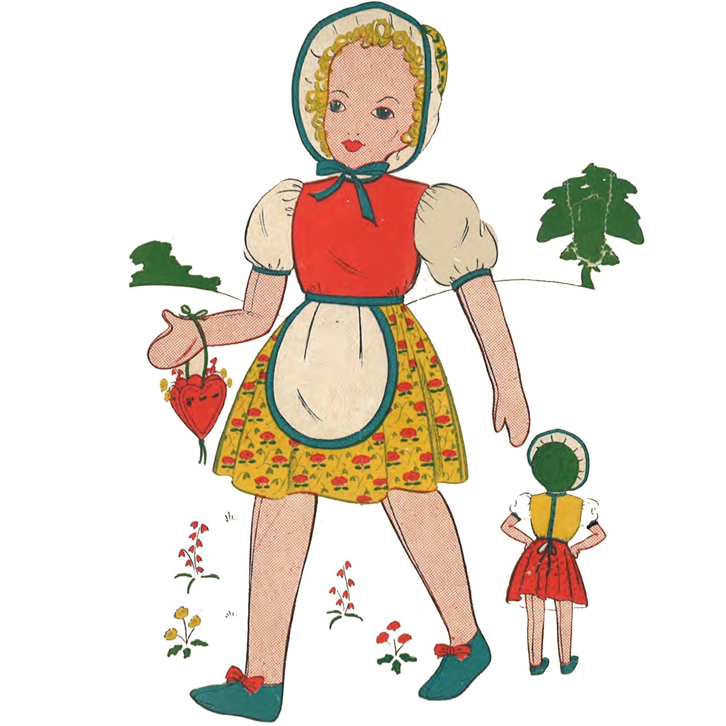 Child's rag doll wearing dress with red bodice, white sleeves and a yellow patterned skirt. Smaller inset image of back view of doll.