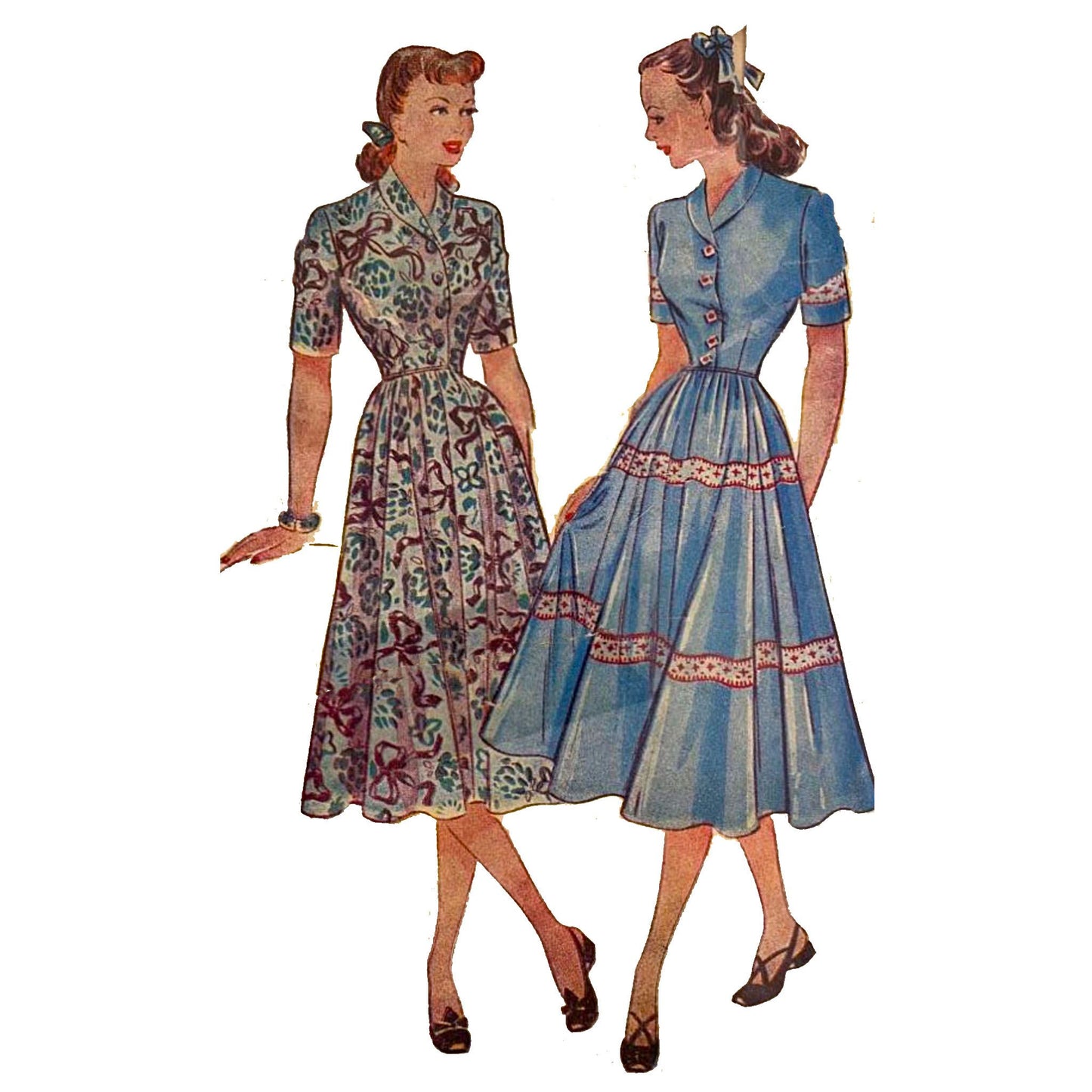 Model wearing 1940s dress made from Economy Design E197 pattern