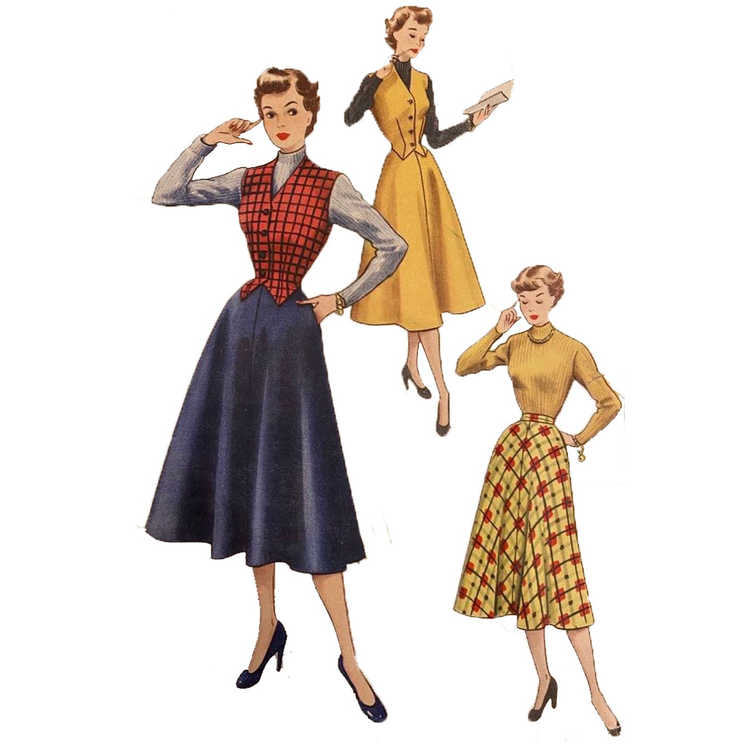 Model wearing 1950s waistcoat and skirt made from Economy Design E45 pattern