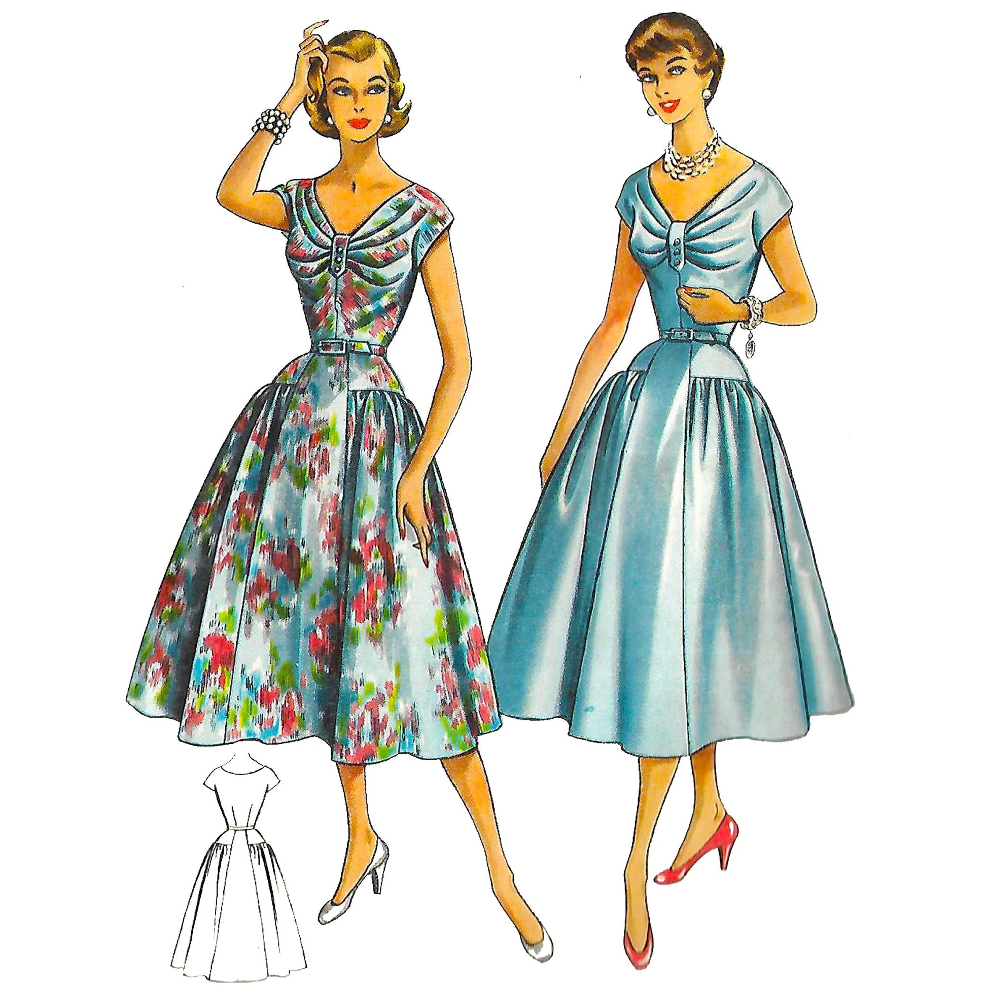 Model wearing 1950s dress made from Economy Design E91 pattern