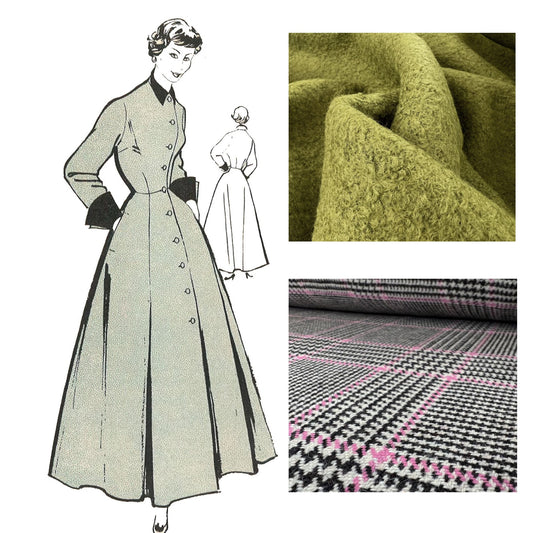 Woman wearing a 40s dressing gown with samples of fabric.