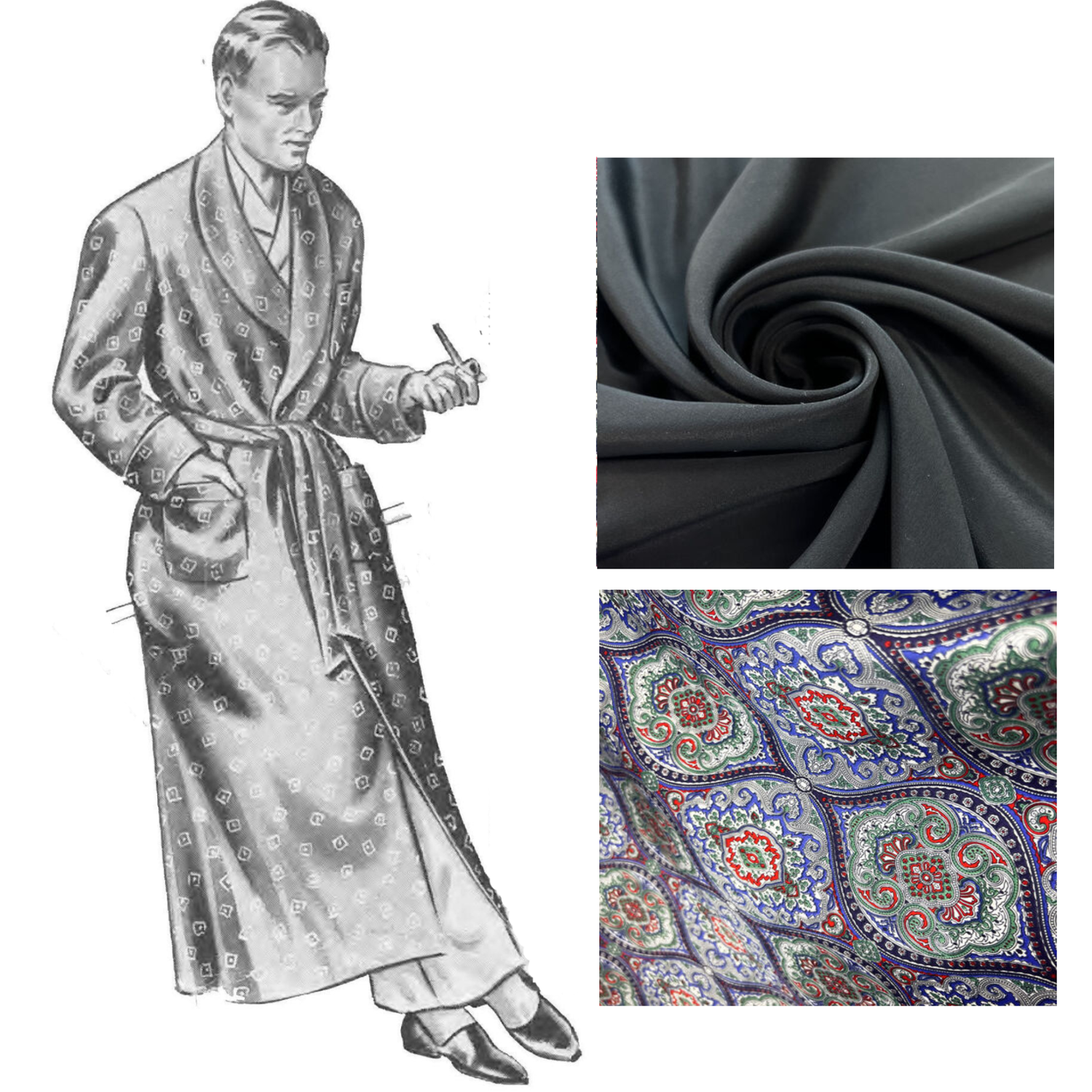 Man wearing dressing gowns and showing example fabrics
