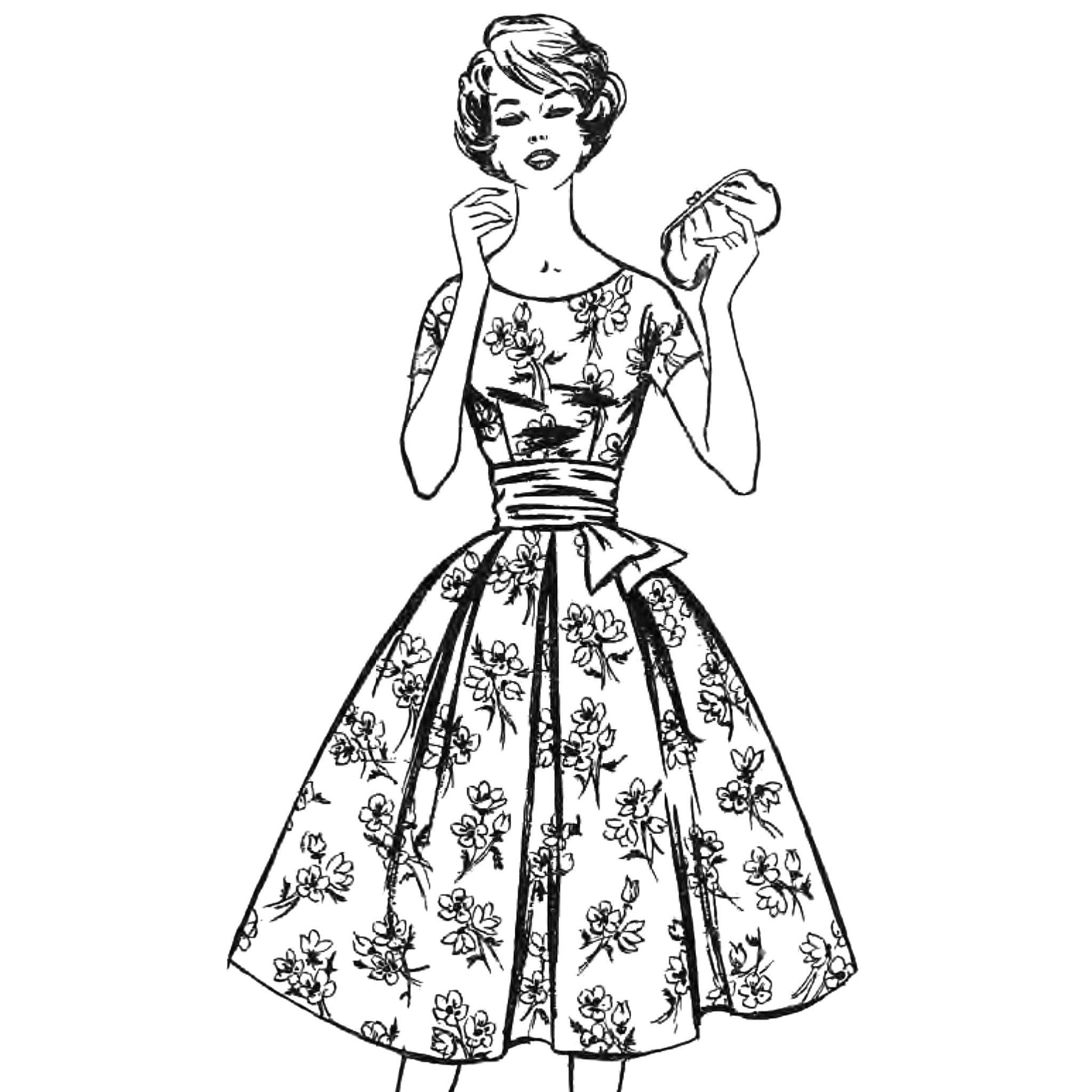 Women wearing rockabilly style dress, with pleated skirt and cummberbund.