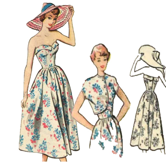50er-Jahre-Muster, trägerloses Sommerkleid & Bolero-Jacke – mehrere Größen