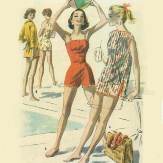 Women wearing bathing suit and beach coat on sewing pattern cover