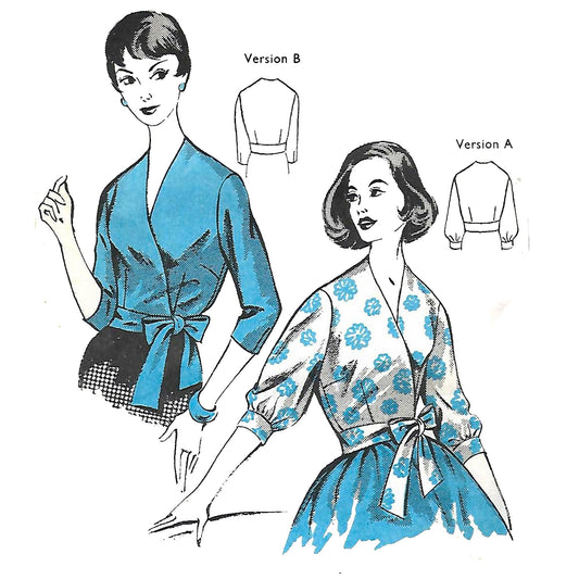 Model wearing 1950s wrapover blouse made from Maudella 1327 pattern