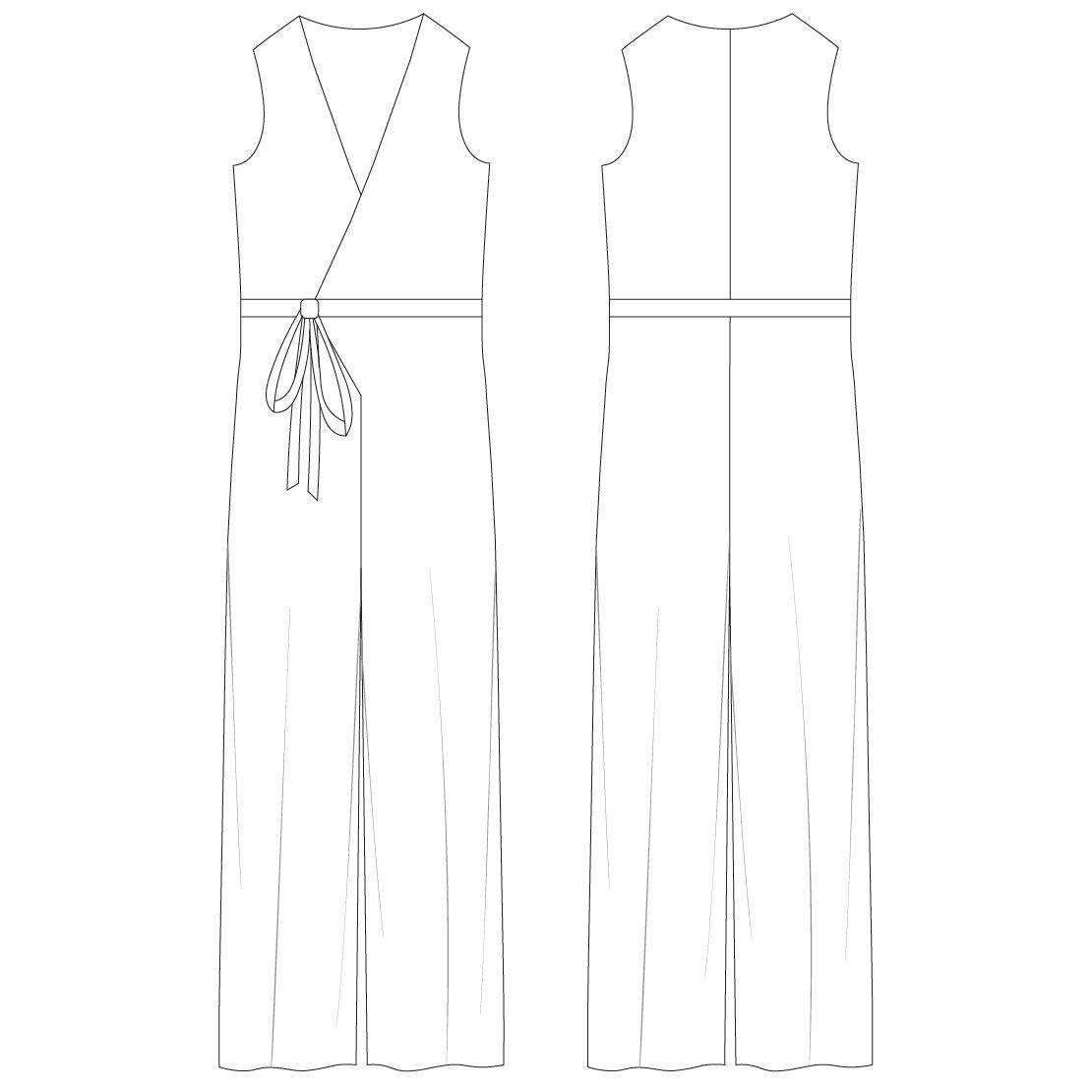 Line drawing of front and back views of the 'Day or Night' Jumpsuit.