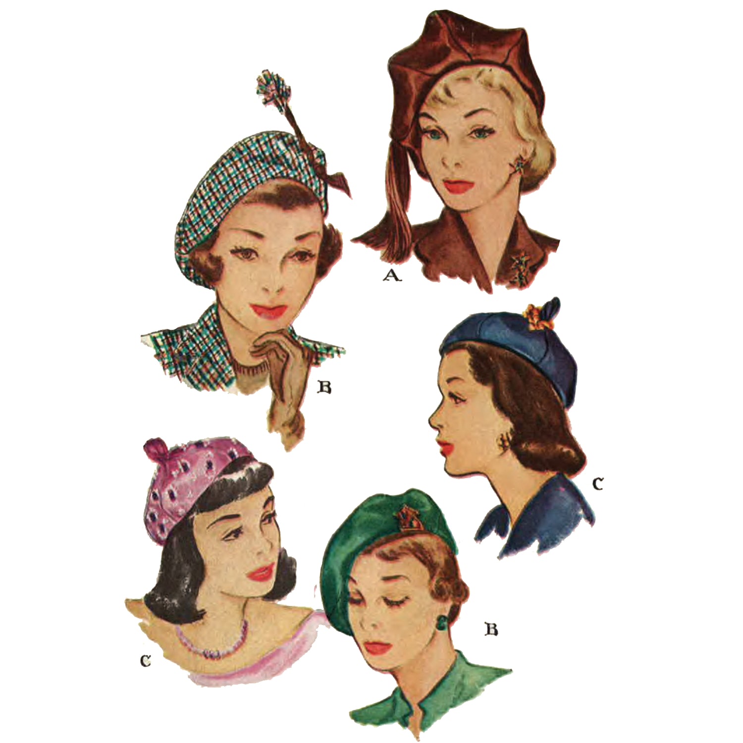 Pattern front illustration showing 5 women wearing the 3 different styles of hat featured in this pattern.