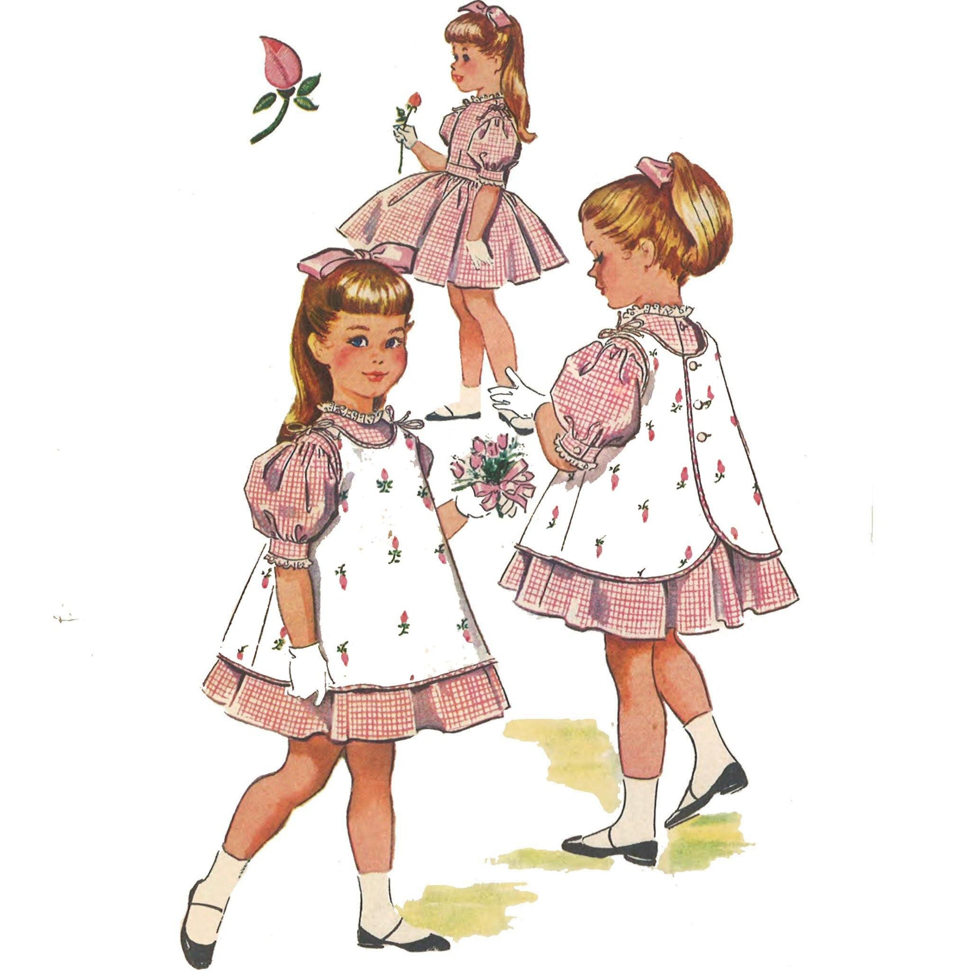 Little girls wearing pinafore dresses. Two showing front and back of dress with pinafore over, one showing side view of the dress alone.