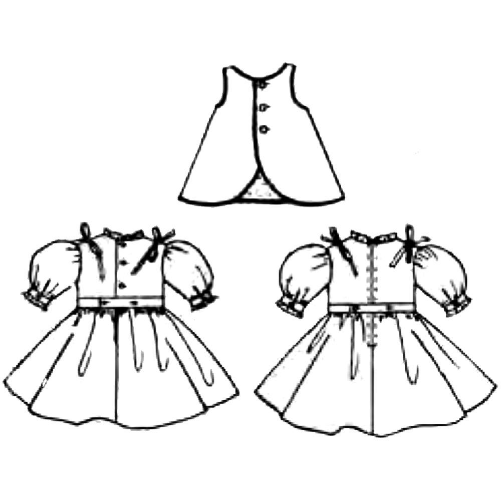 Line drawing showing the back views of the pinafore (top), and the dress with button closure (left) and zipper closure (right).