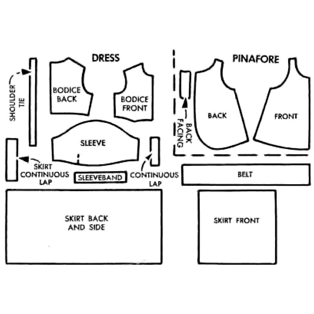 Line drawing of all pattern pieces included in "Vintage 1950s Sewing Pattern, Girls Pretty Dress & Pinafore"