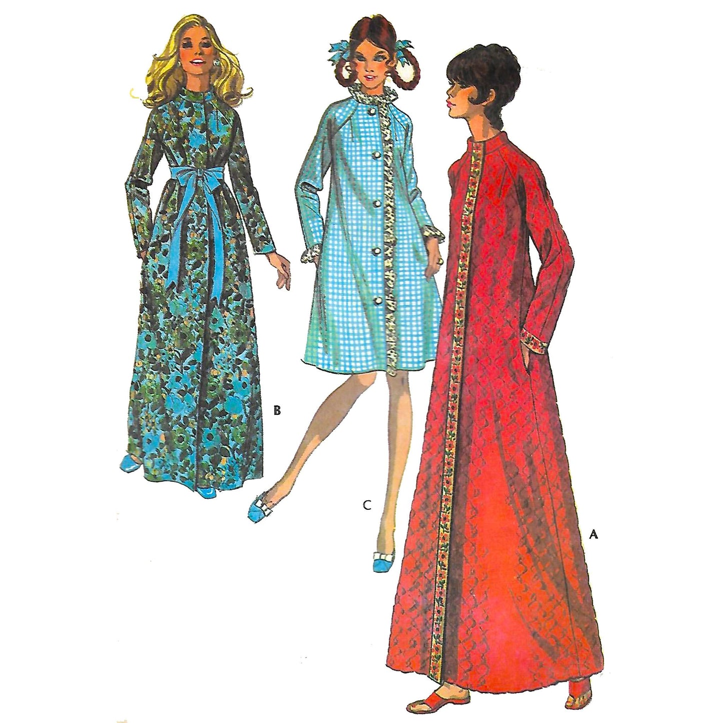 Model wearing 1970s robe in three versions made from McCall’s 2696 pattern