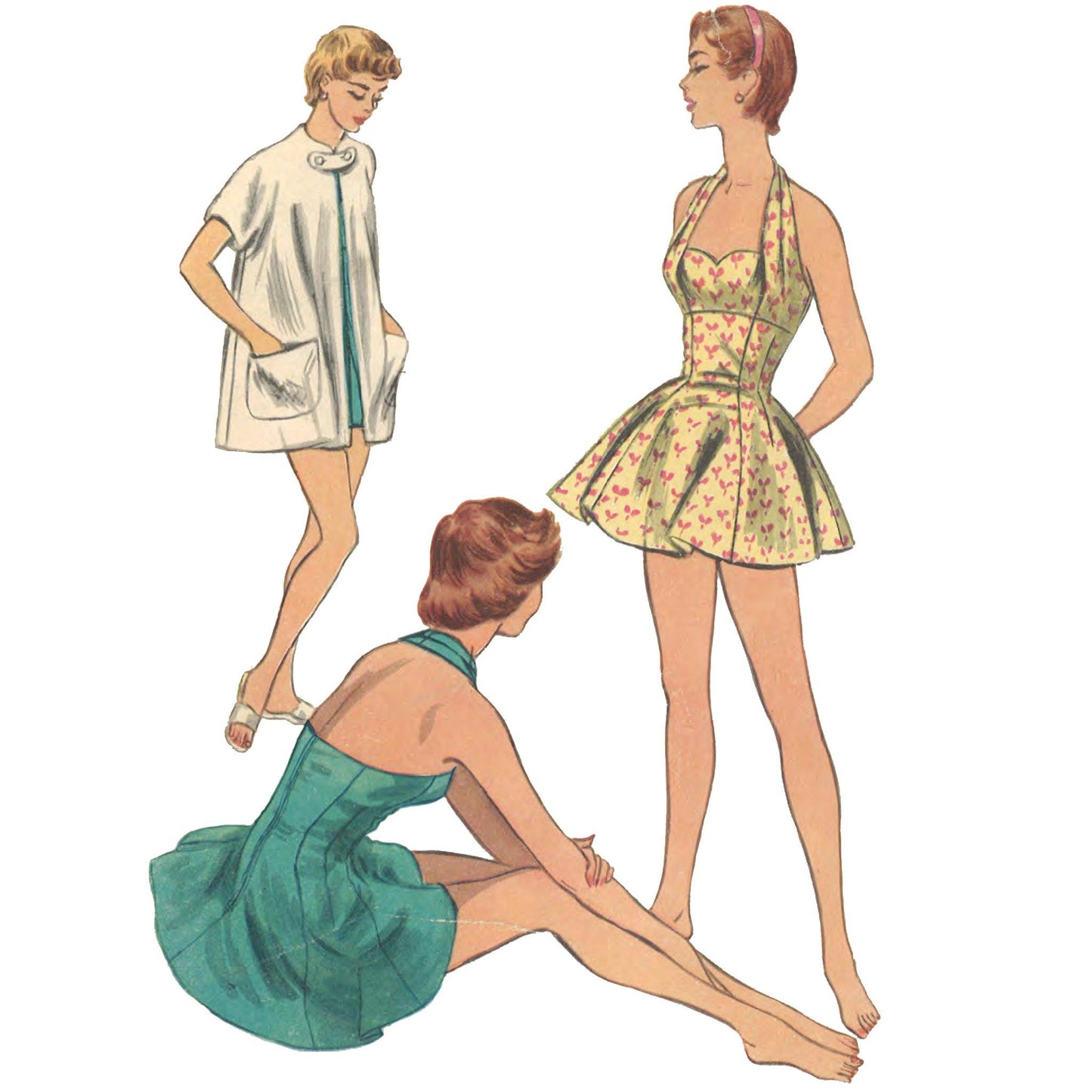 Pattern cover illustration showing women wearing bathing suit and beach coat