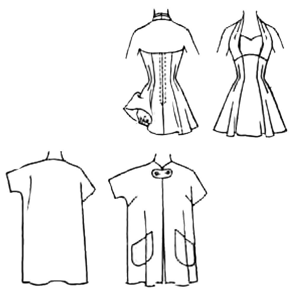 Top: Line drawing of front and back views of bathing suit. Bottom: Front and back views of beach coat.