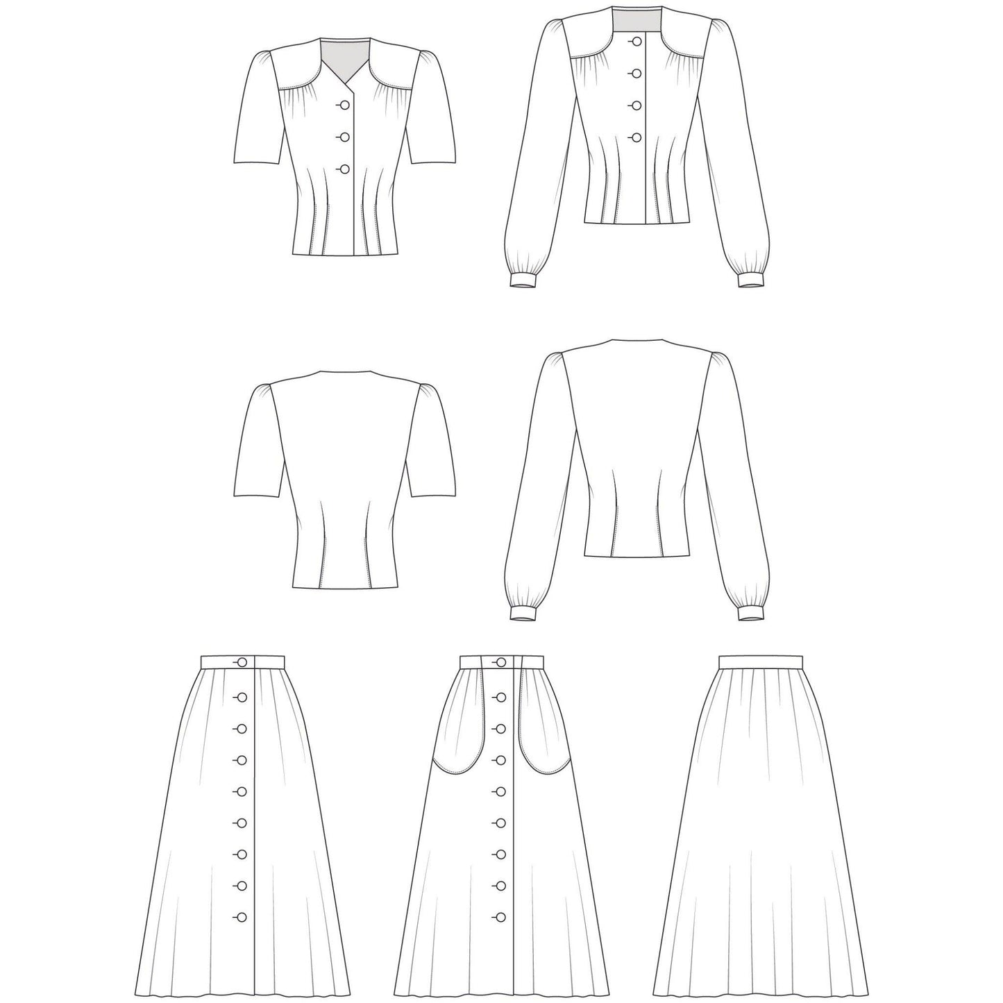 Line drawings of front and back views of Two-Pieces set styles A + B