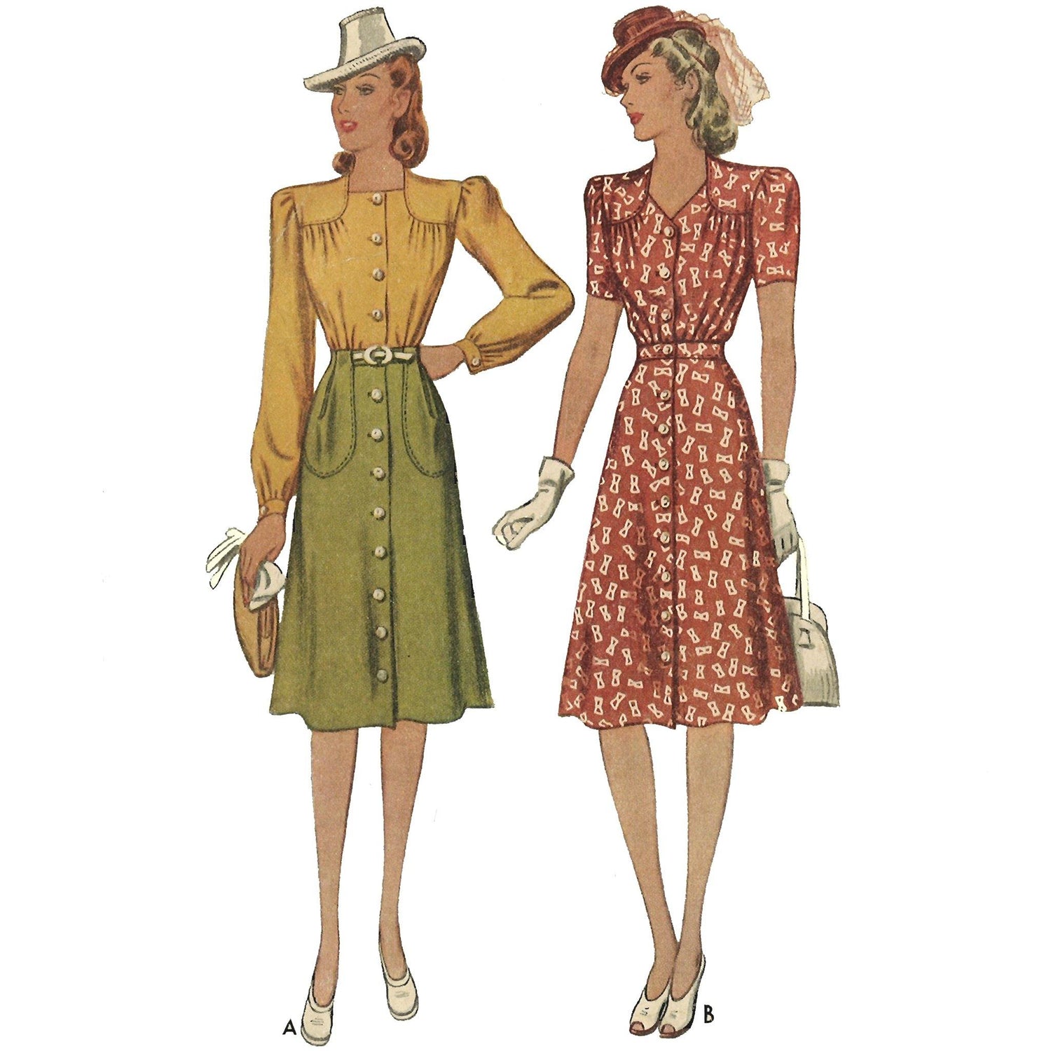 Two women wearing 1940s two piece dress. Left, 'View A', wearing yellow long sleeve shirt and green skirt with pockets. Right, 'View B', wearing short sleeve blouse and skirt both in red, with a white pattern.