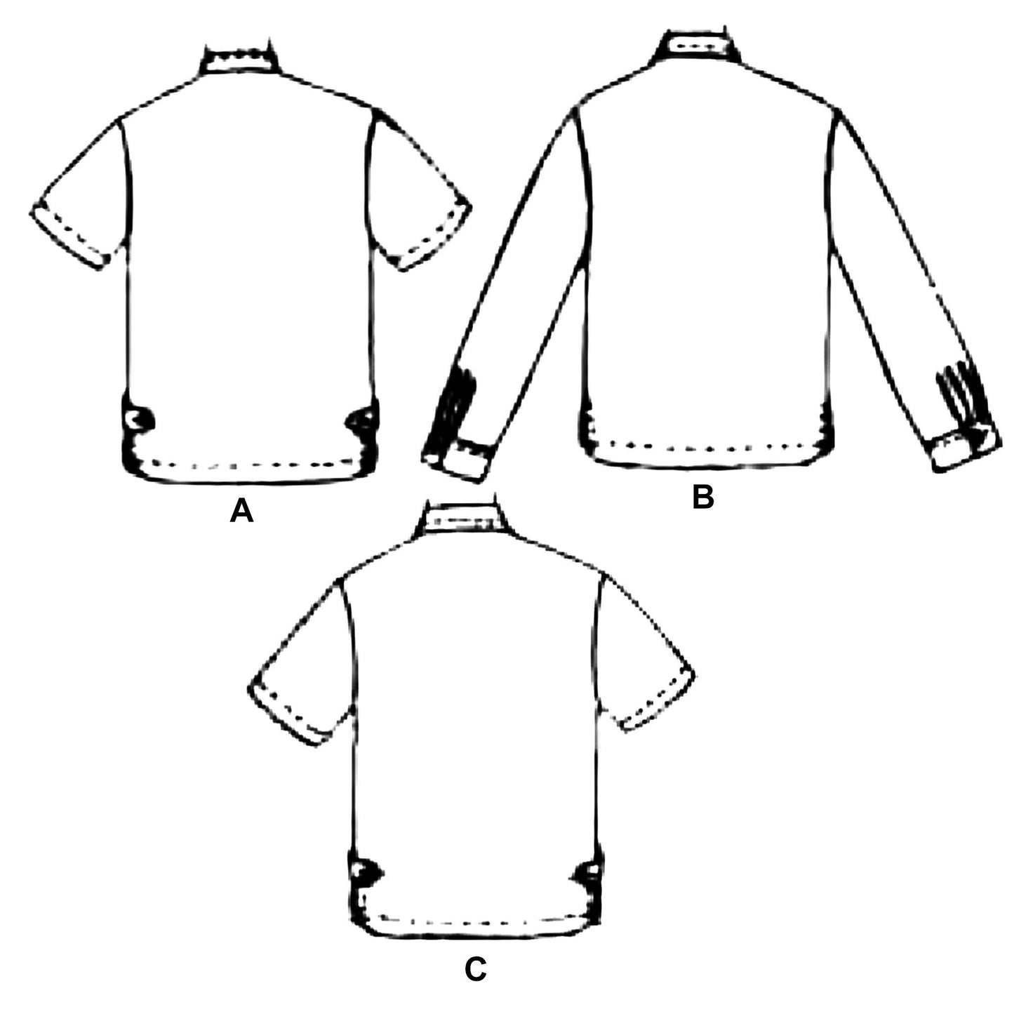 1950s Pattern, Men's Nehru Sports Shirt - Line drawing of pattern back views