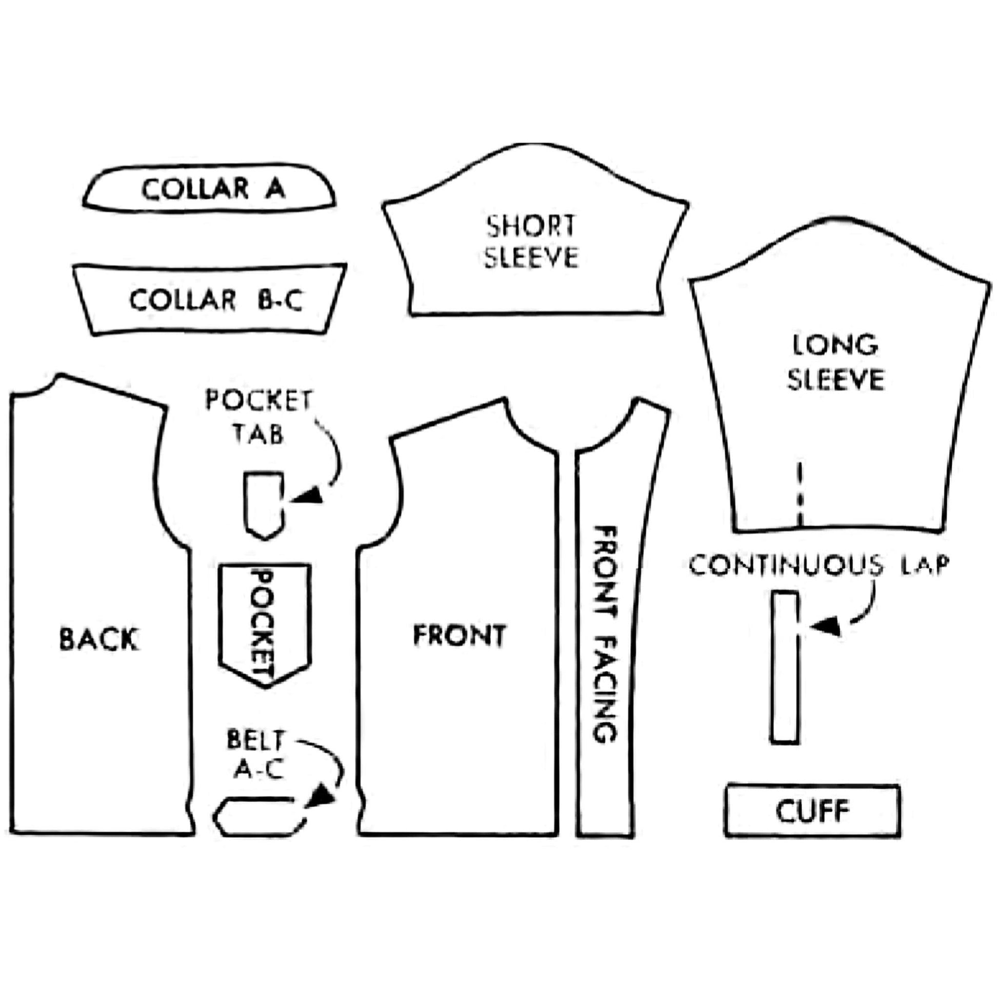 Line drawing of pattern pieces of a 1950s Pattern, Men's Nehru Sports Shir