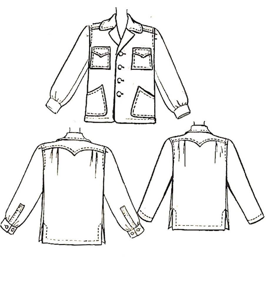 Technical flat drawings of shirts and jacket back and front.