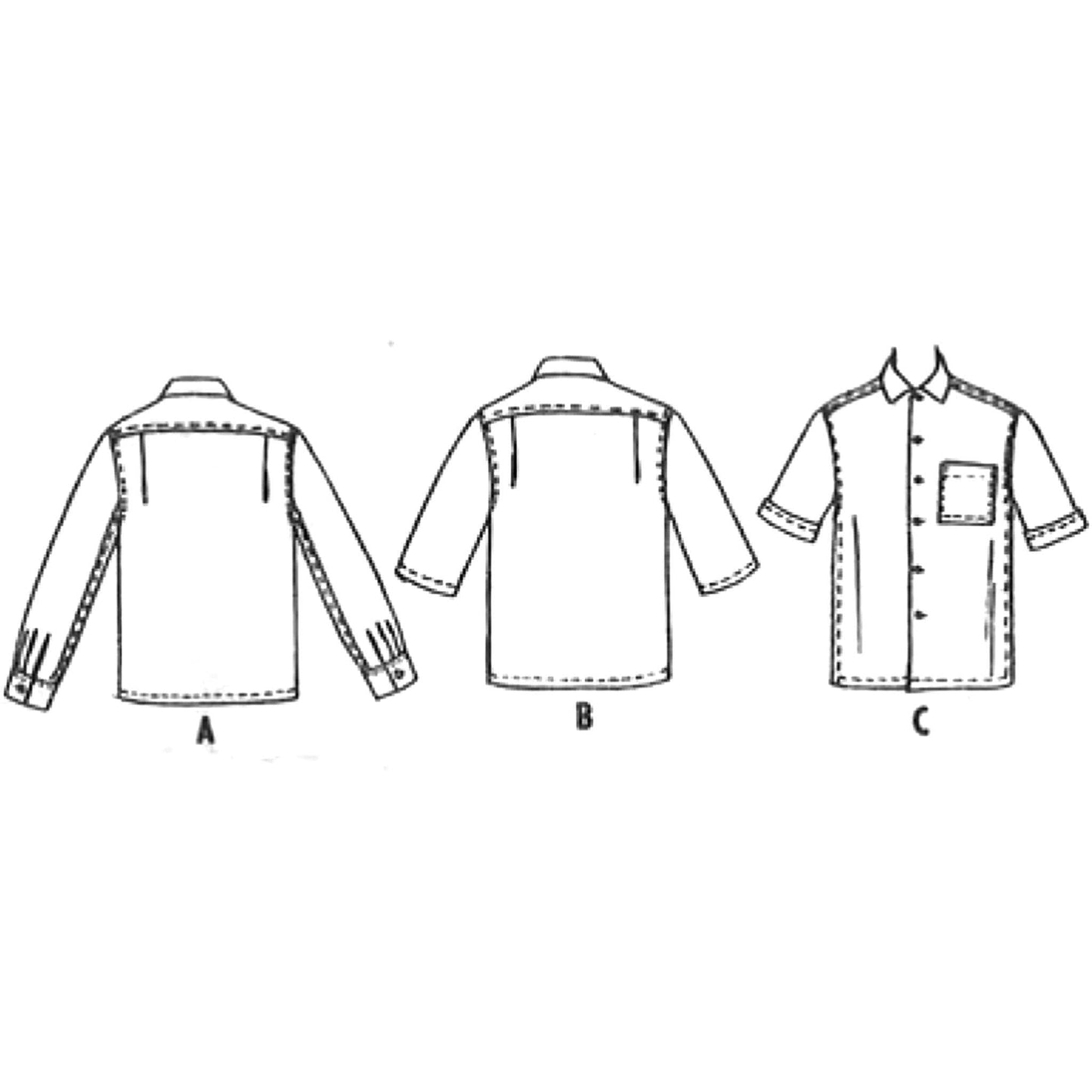 Line drawing of back of views A and B, front of view C