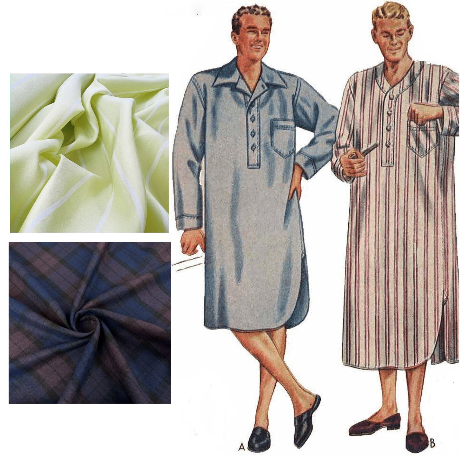 Men wearing nightshirts with example fabrics