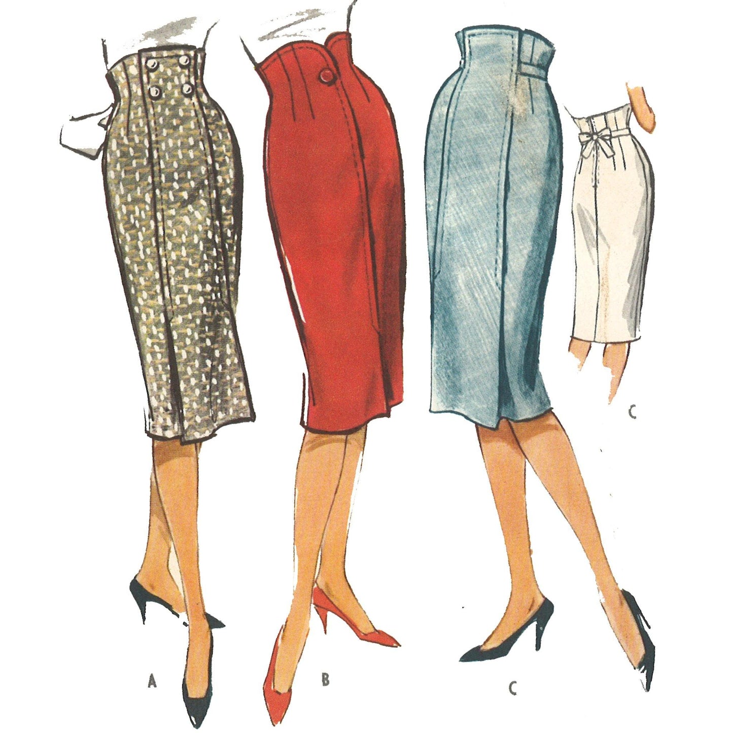 Women wearing three styles of pencil skirt, plus smaller image of back view of style C.