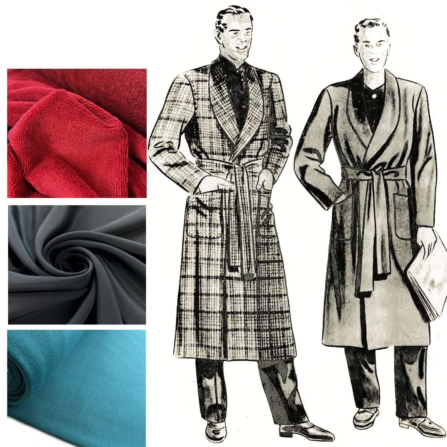 Men wearing dressing gowns with suggested fabrics