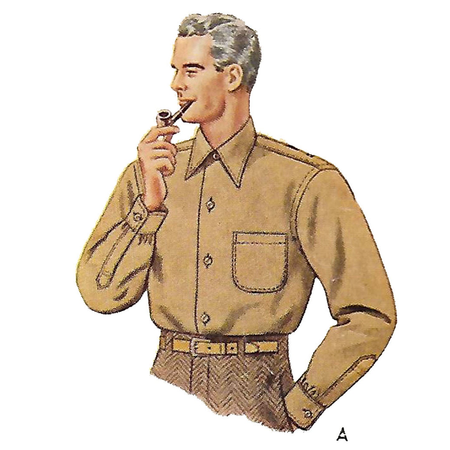 Man wearing shirt and smoking a pipe.