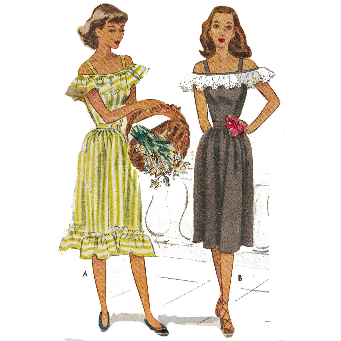 PDF - Vintage 1940s Pattern – Off the Shoulder Midi Dress with Straps ...