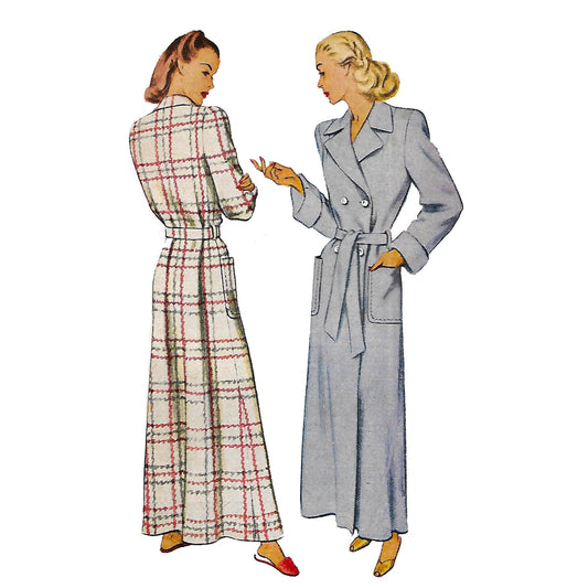 Model wearing 1940s housecoat made from McCall’s 7097 pattern