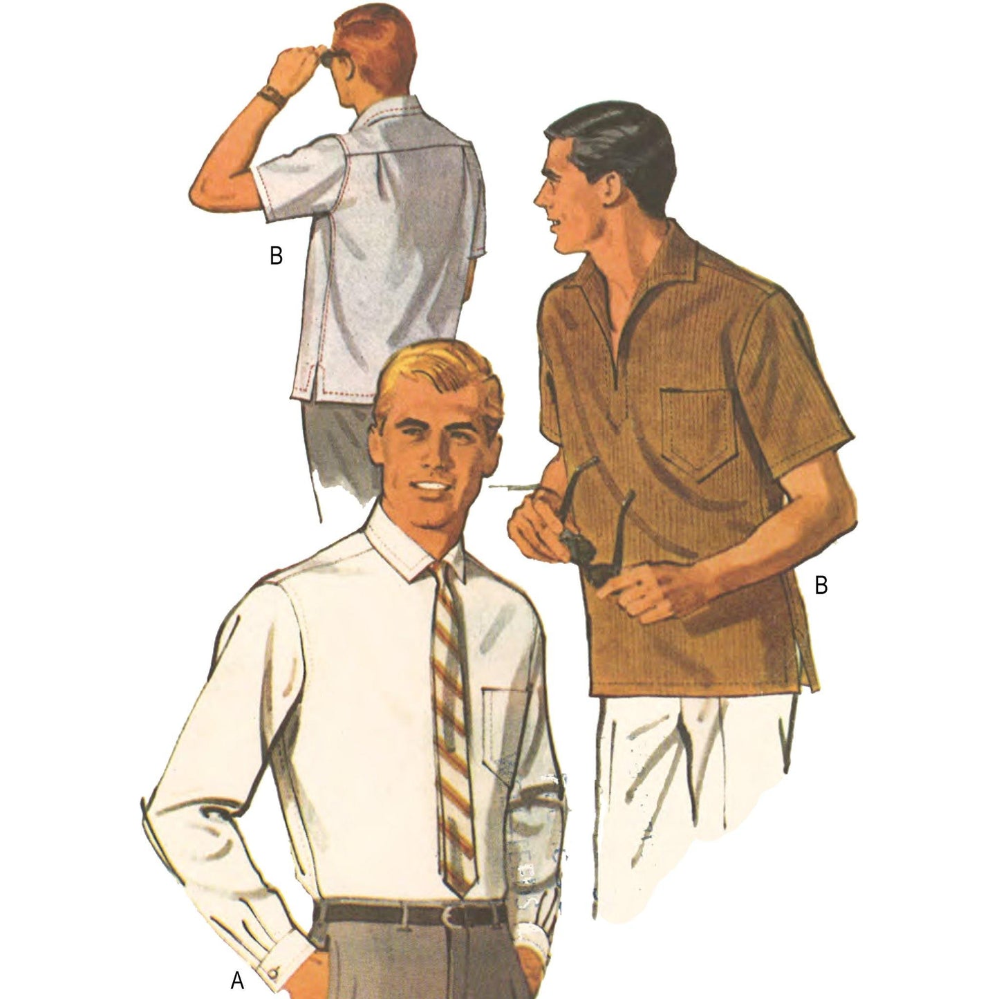 3 men showing 2 views of the shirt. View A with long sleeves, View B with short sleeves.