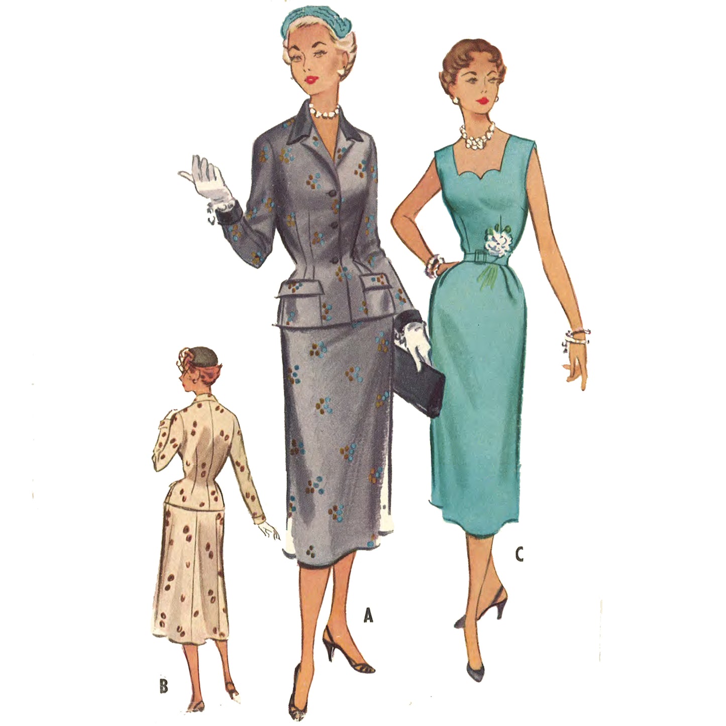 Women wearing wiggle dresses. Left to Right: View B, jacket and dress, in cream with red dots, back view. View A, jacket and dress in grey. View C, dress in teal.