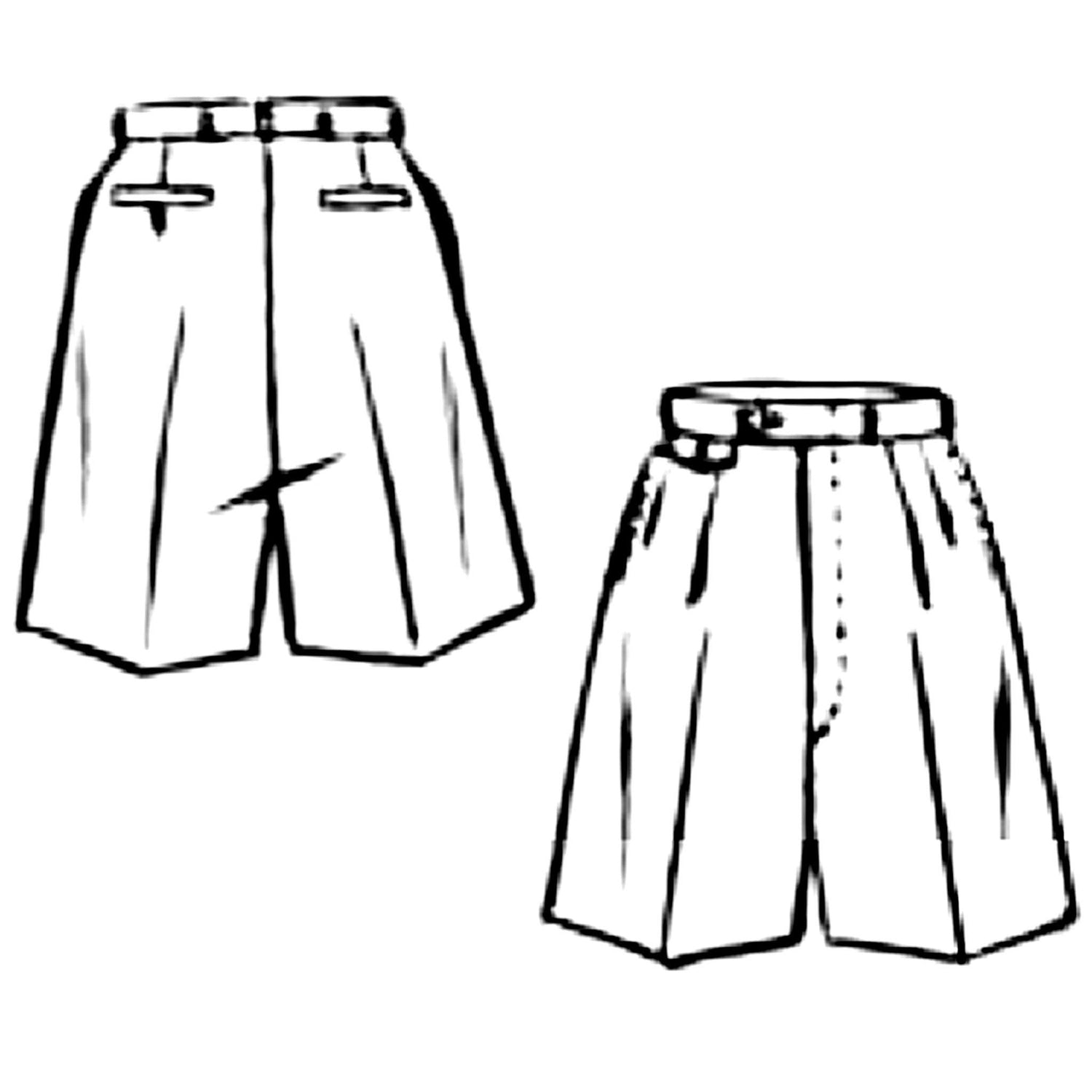 Line drawing of front and back views of a 1950s Pattern, Men's Bermuda Tailored Shorts